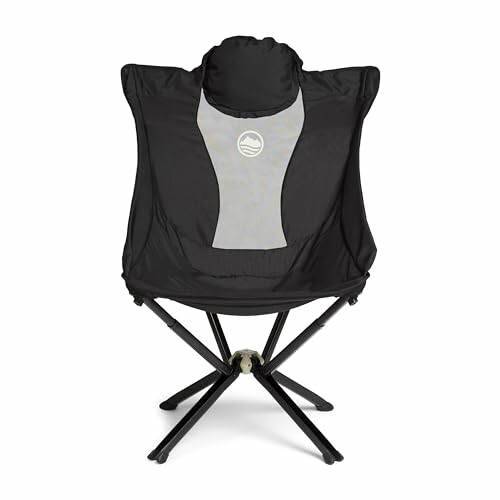 Black folding camping chair with a high back and logo