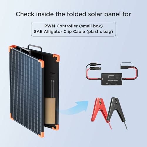 Folded solar panel with PWM controller and SAE alligator clip cable.