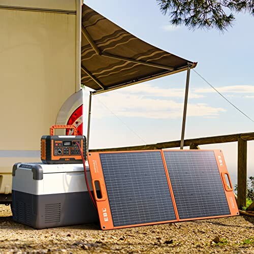 Portable power station with solar panel and cooler outdoors.