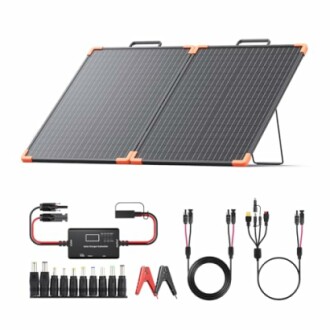 Portable solar panel kit with cables and connectors.