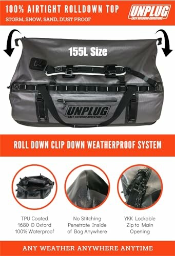 Unplug waterproof bag with roll down top and weatherproof system.