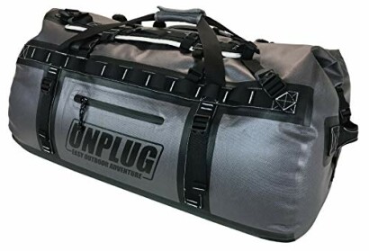 Gray waterproof duffel bag with 'Unplug' logo.