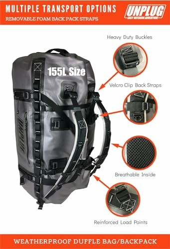 Weatherproof 155L duffle bag with multiple transport options and removable backpack straps.